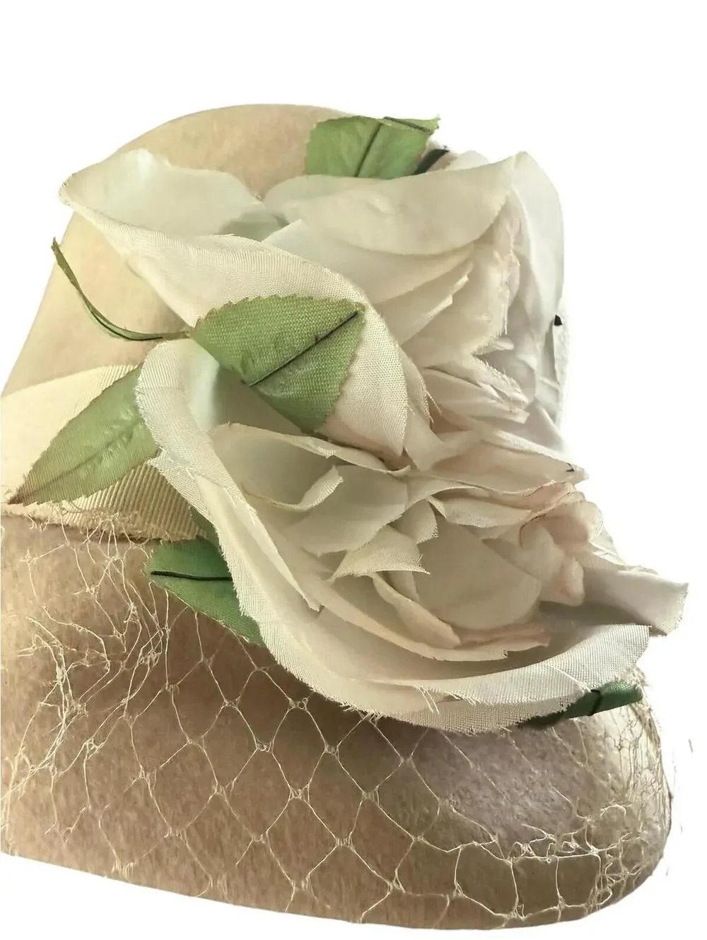 Vintage 1940s Beige Felt Brimmed Bucket Hats for Women, Large White Flower, Veil